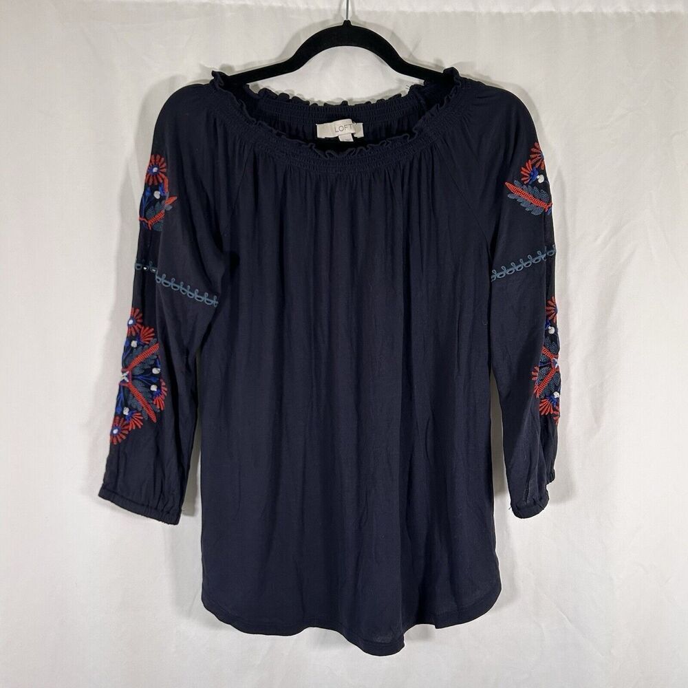 LOFT Blouse Women's Small Blue Long Sleeve Embroidered Sleeve Stretchy Neckline